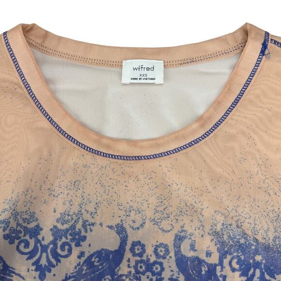 WILFRED Aritzia Sheer Mesh Long Sleeve Graphic Top Sz XXS Nude Blue - Picture 4 of 5
